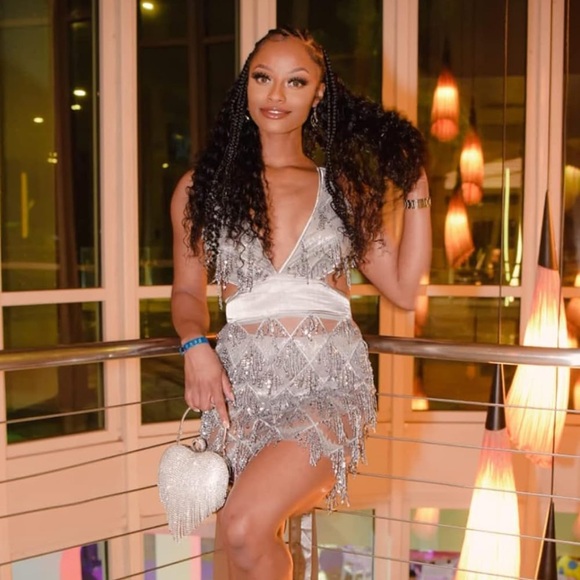 Women's Glitter Sexy Deep V Neck Sequin Beaded Halter Bodycon Mini Party Dress - Picture 10 of 11